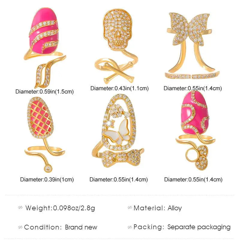 WANZHI New Creativity Copper Inlaid Zircon Nail Rings Y2K Selling Gold Plated Manicure Joint Ring for Women Trend Party Jewelry