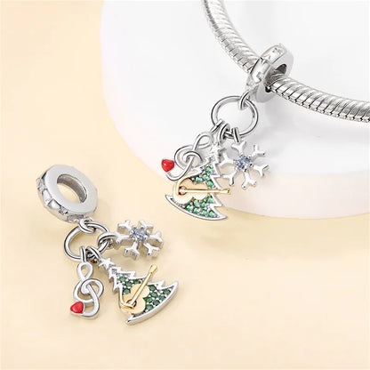 925 Sterling Silver Bell Ring Christmas Tree Red Heart Elk Charm Fit DIY Bracelet Necklaces Jewelry