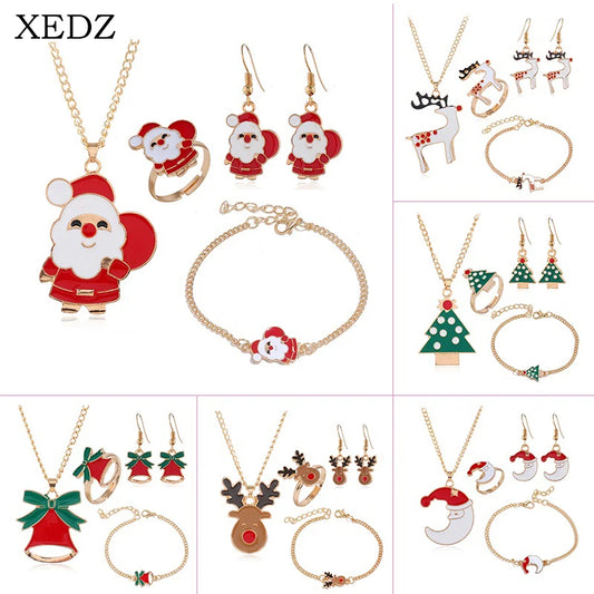 5Pcs/Set Christmas Lady Jewelry Set Santa Elk Moon Bells Earrings Necklace Bracelet Decorative Christmas Ornaments Girls Gifts