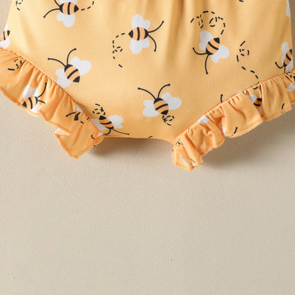 Summer Newborn Cotton Flutter Sleeve Alphabet Bee Printed Bodysuit Hoodie Lace Shorts With Bow Hairband 3 Piece Set