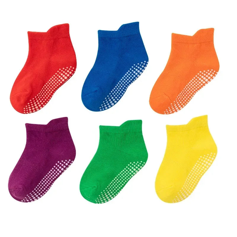 6 Pairs/Lot Spring Autumn Kids Anti-slip Socks Solid Color Soft Breathable Cotton Babys Boat Socks Boys GirlsTrampoline Socks