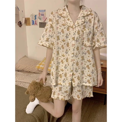 Women's Pajamas New Summer Short Sleeve Soft Sleepwear Set Grid Cartoon Printed Pyjama Woman Home Nightwear Set Cardigan