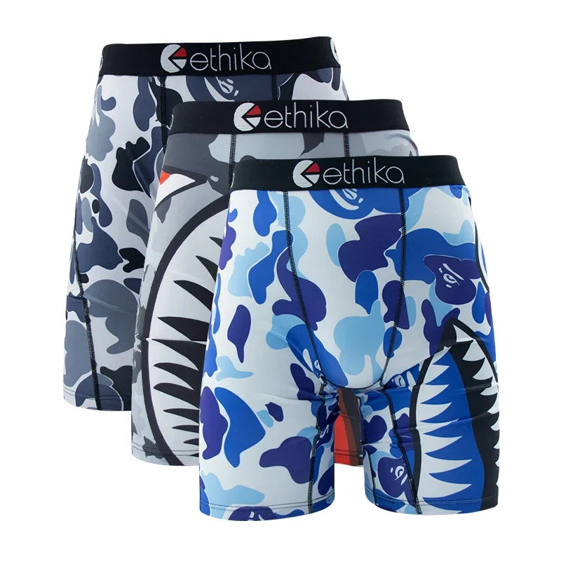 3Pcs ETHIKA Fashion Sexy Men Underwear Boxers Shark Print Man Underpants Sports Panties Lingeries Boxer Briefs Trunks Plus Size