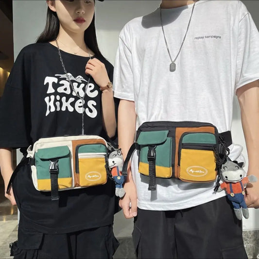 Fashion Nylon Men Chest Bag Black White Multifunctional Crossbody Bag Large Capacity Waist Bag Unisex