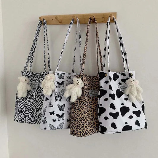 Casual Tote Bag Butterfly Leopard Zebra Cow Print Shoulder Bag Women Handbag Totes Ladies Cute Canvas Bag New 2024 Shopping Bag