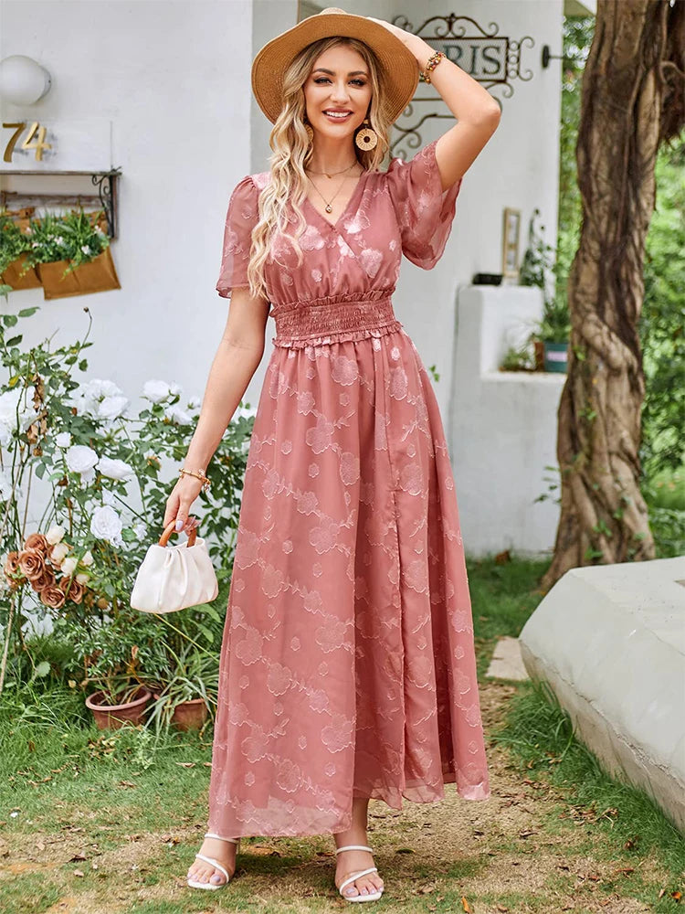 Maxi Dress Casual Summer V Neck Puff Sleeve High Waist Lace Up Dress Elegant Flowy Dress Sleeveless for Women  Thigh Slit Crosso