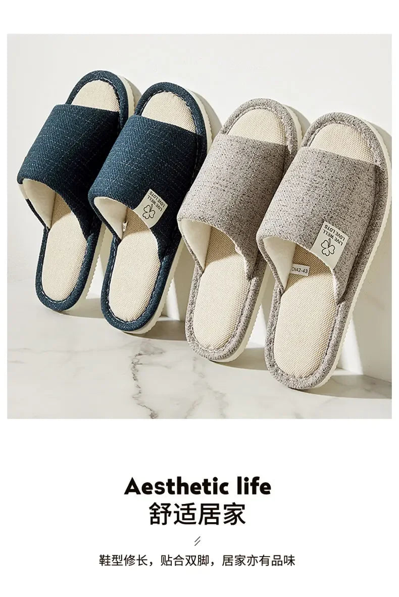 NEW Home Linen Slippers For Men In Spring&Autumn Comfortable Bedroom Open-toed&Breathable Slippers Men's & Women's Shoes Summer