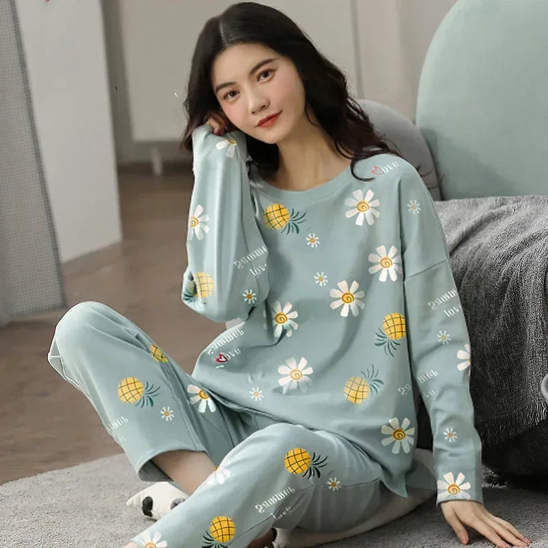 Women's pajamas spring and autumn long-sleeved autumn and winter home clothes plus size simple loose suit outerwear