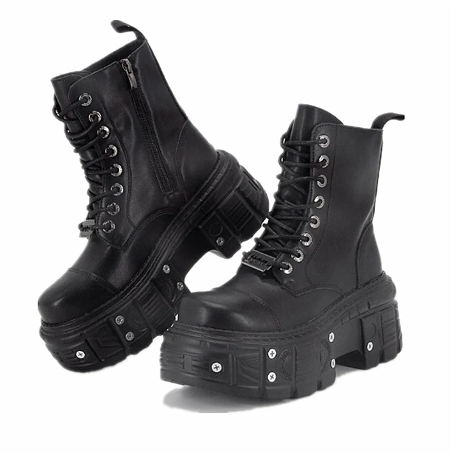 Punk Style Women Boots Lace-up Heel Height Platform Shoes Woman Gothic Ankle Rock Boots Metal Decor Man And Woman Sneakers 2025