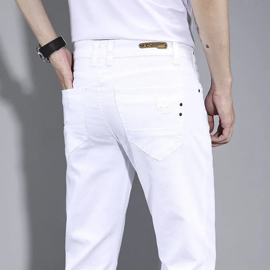 2024 New Men's Pure White Slim Casual Pants Brand Clothing Stretch Straight Gentleman's Suit Long Trousers Classic Style Male