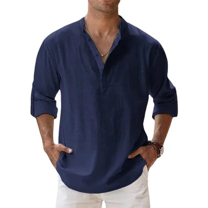 New Men's Linen Long Sleeve T-Shirts Breathable Shirt Solid Color Casual Basic Cotton Linen Shirt Tops