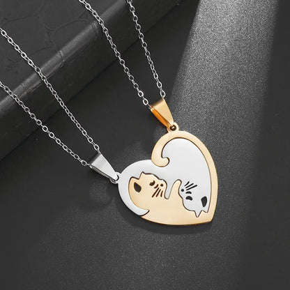 Stainless Steel Heart Shape Hug Pet Cat Pairing Exquisite Couple Necklace Fashion Men Women Jewelry Gift