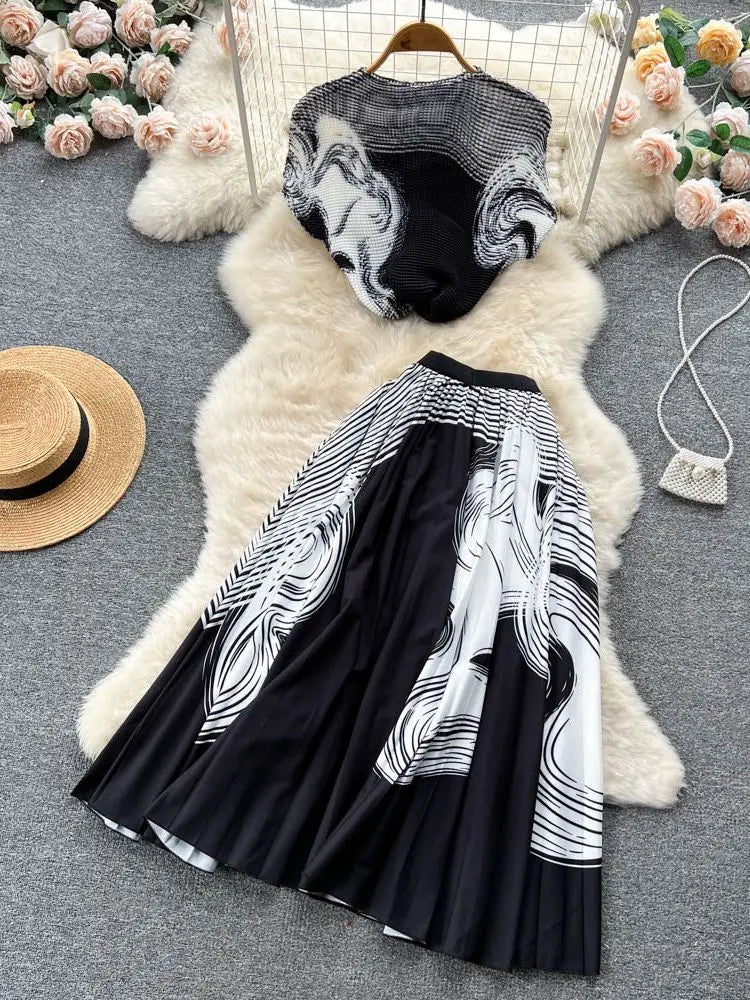 New Summer Runway Pleats Floral Print Two Piece Set Women Half High Collar Stretch Top+Elastic Waist Long Pleated Skirt Outfits