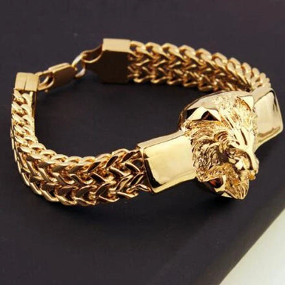 Fashion Gold Color Lion King Stainless Steel Braided Chain Bracelet Domineering Men\\'s Rock Wristband Alloy Lion Head Jewelry