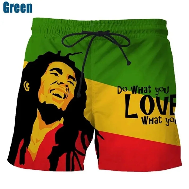 Rock Singer Bob Marley Reggae Rasta Pattern Board Shorts 3D Printing Men's Outdoor Leisure Sports Gym Shorts Men Swim Trunks