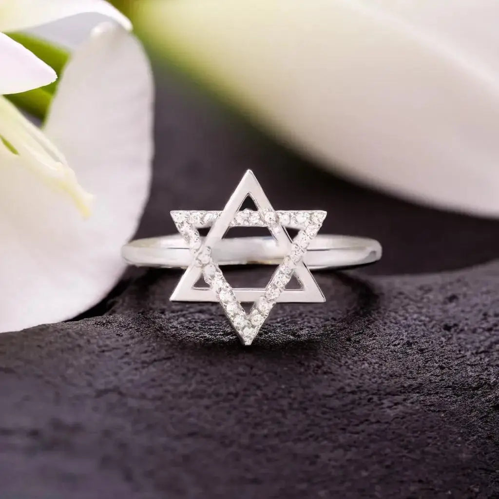 925 Sterling Silver Jewish Ring Cubic Zirconia Star of David Finger Ring for Women Platinum Plated Hexagonal Star Amulet Jewelry