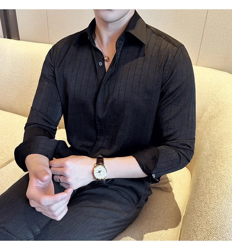 Luxury Korean Pleated Stripe Shirts For Men's High Quality Long Sleeve Slim Fit Casual Shirt Formal Social Party Tuxedo 4XL-M