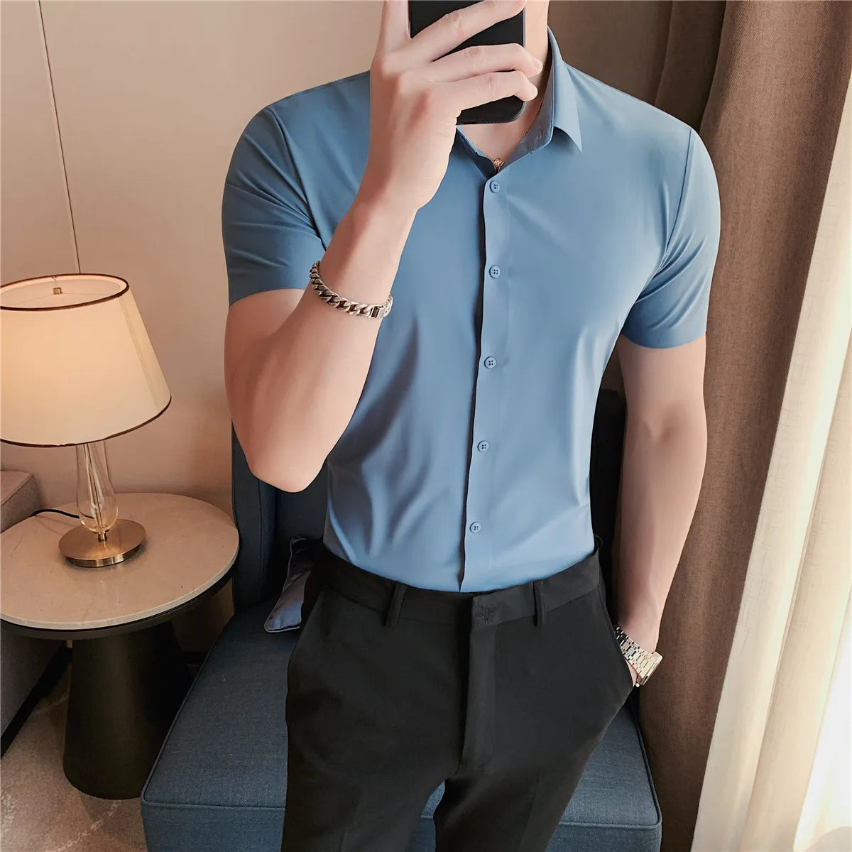 6colors High Quality New Solid High Elasticity Seamless Short Sleeve Shirts Men Slim Social Casual Business Formal Dress Shirt