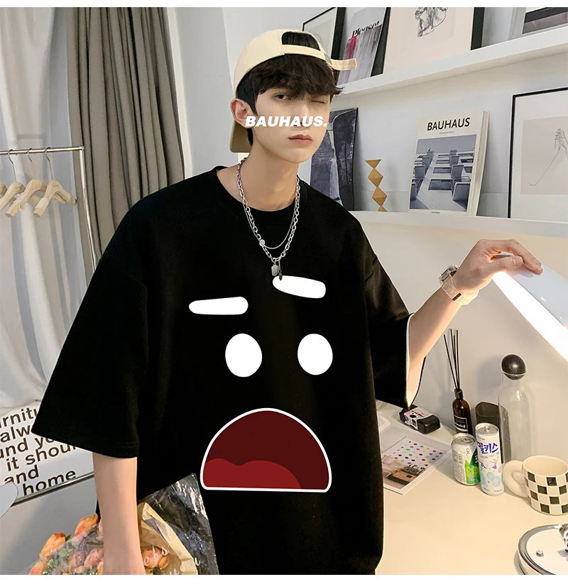 Men's Cotton Oversized T-shirts 5XL Mens T Shirt Casual Summer Wear Emote Fashion Print White Tee Shirts for Men Clothing