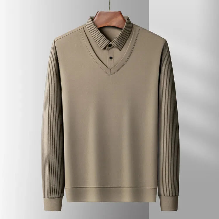 2025 Two Fake Collar Mens Daily Casual Tee Long Sleeve Sweatershirt  Pullover Tops Lapel Polo Tee