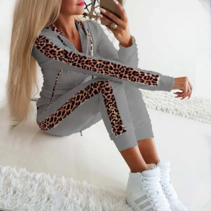 Women's S-5XL Plus  Size Autumn and winter new women's leopard print printed zippered hoodie set, sexy home clothing