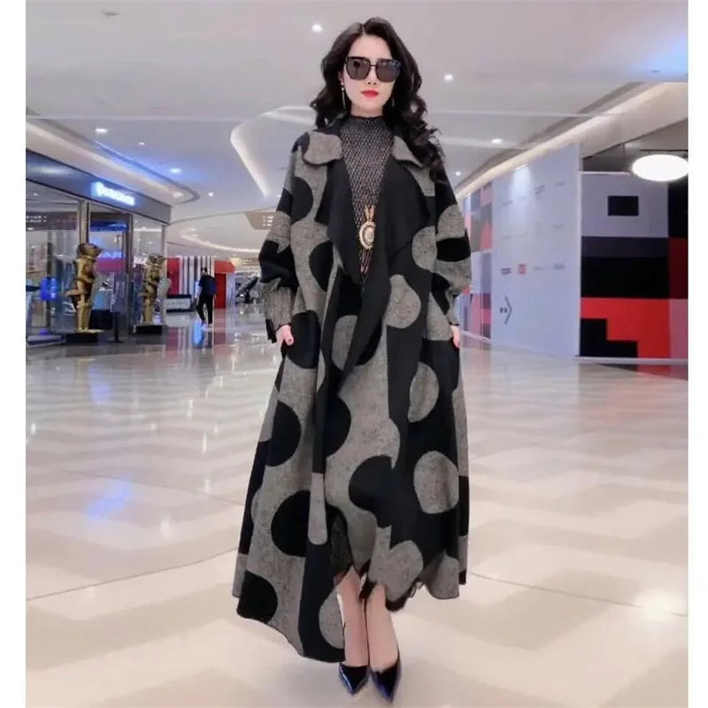 Polka Dot windbreaker For Women Long Windbreaker Loose Large Size L-5XL Overcoat Middle aged Female Wool Trench Coat Outcoat