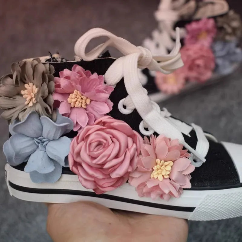 Beading Kids Shoes Autumn Children's Shoes Korean Flower Girls Canvas Shoes Casual Lace High Top Sneakers Sider Zipper