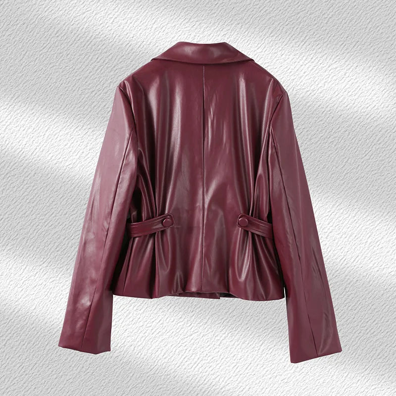 PU Leather Coat Pleated Mini Skirt Sets Women Lapel Double Breasted Long Sleeve Coats High Waist Skirts Set 2024 Lady Suits