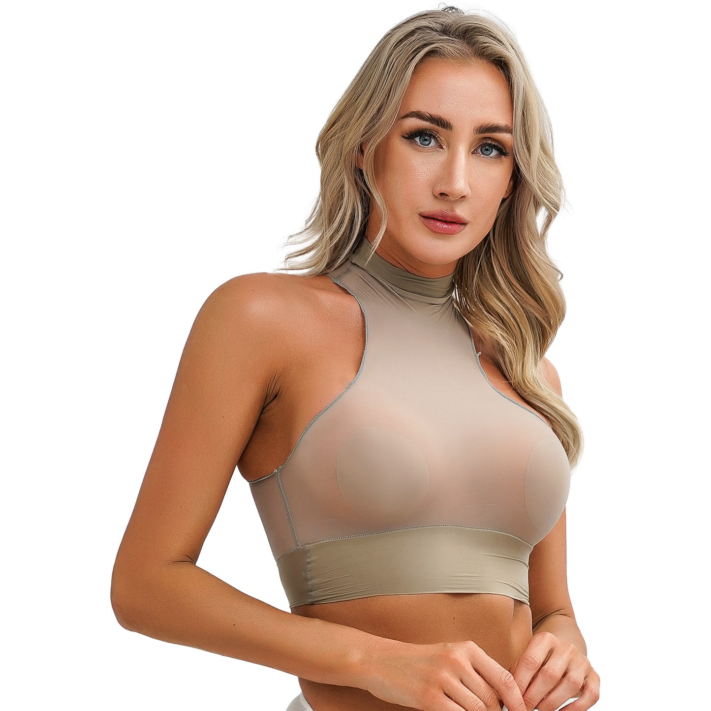 Womens Glossy Crop Tops Mock Neck Sleeveless Sheer See-Through Slim Fit Vest Tops for Swimwear Pool Party Clubwear Nightwear