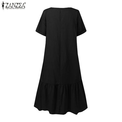 ZANZEA Women Cotton Dresses 2024 Summer Elegant Mid-calf Vestidos Casual Solid Color Short Sleeve Sundress Female O Neck Robe