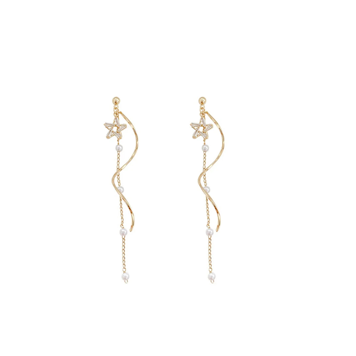 Fashion Exquisite Shining Zircon Star Drop Earrings For Women Gold Color Spiral Long Tassel Pearl Chain Earrings Wedding Jewelry