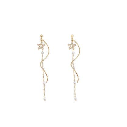 Fashion Exquisite Shining Zircon Star Drop Earrings For Women Gold Color Spiral Long Tassel Pearl Chain Earrings Wedding Jewelry