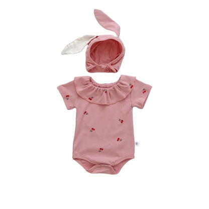 Summer Baby Romper for Girls Newborn Jumpsuit Cherry Cute Ears Hat Short Sleeve Baby Clothes 0-2 Years Old