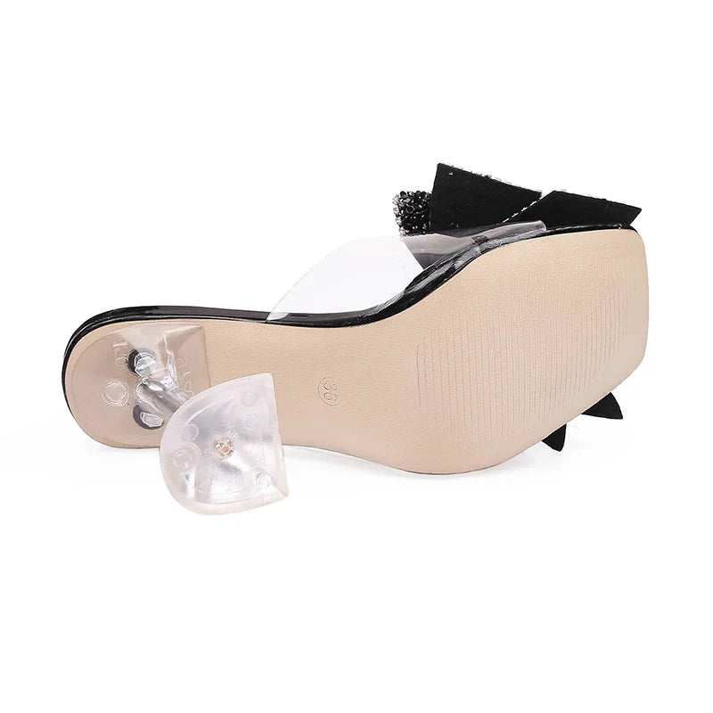 Liyke 2025 New Transparent Slippers For Women Fashion Silver Crystal Bowknot High Heels Female Mules Slides Summer Sandals Shoes