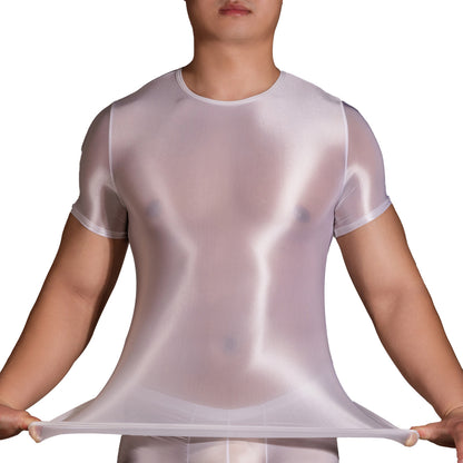 Mens Glossy Crop Tops Stretchy Ultra-Thin T-Shirt Short Sleeve Fitting Top for Sportswear Swimming Bodybuilding Gym Yoga Workout