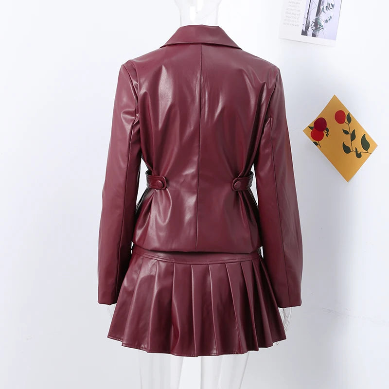 PU Leather Coat Pleated Mini Skirt Sets Women Lapel Double Breasted Long Sleeve Coats High Waist Skirts Set 2024 Lady Suits