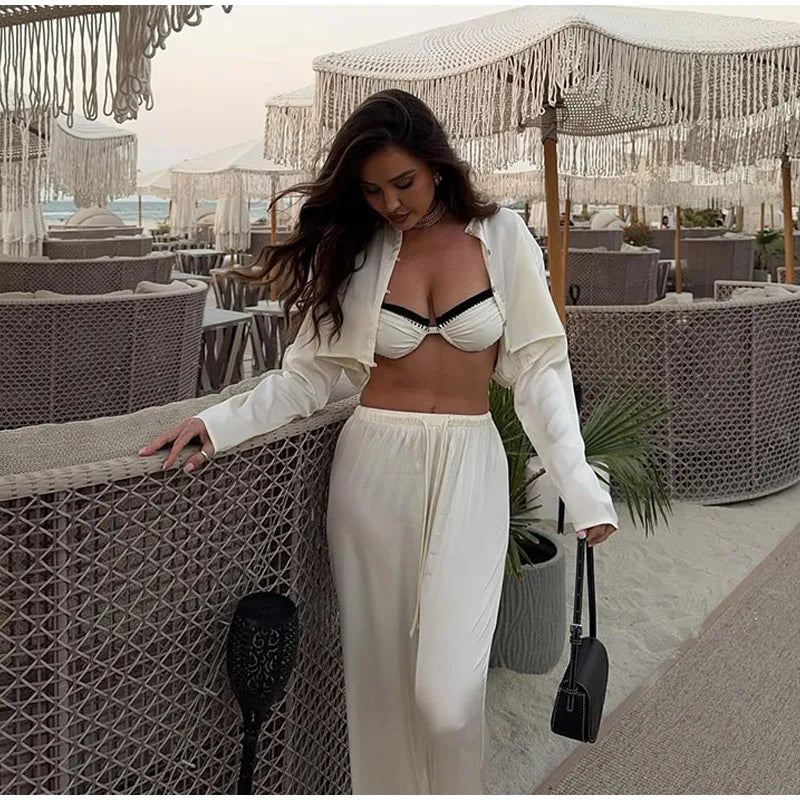 Women White O Neck Single Breasted Short Tops Set Casual Wide Leg Drawstring Pants Suit 2025 Spring New Lady High Street Outfits