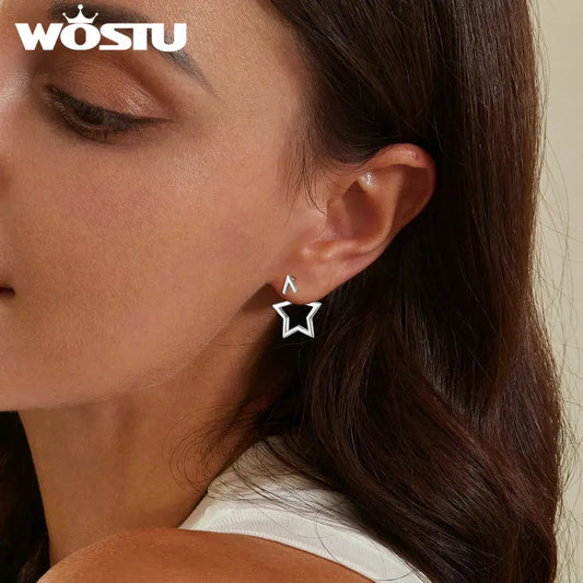 WOSTU 925 Sterling Silver Triangle Star front-back Stud Earrings Women Simple Geometric Hollow-out Ear Studs Party Jewelry Gift