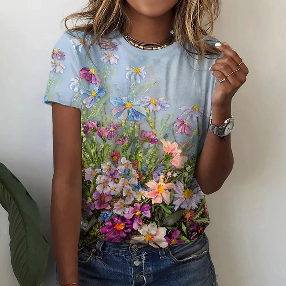 2023 Women's T-shirts Fashion Floral Theme T Shirt Floral Plants Tees Summer Clothing Basic Female Tops Print Oversized Pullover