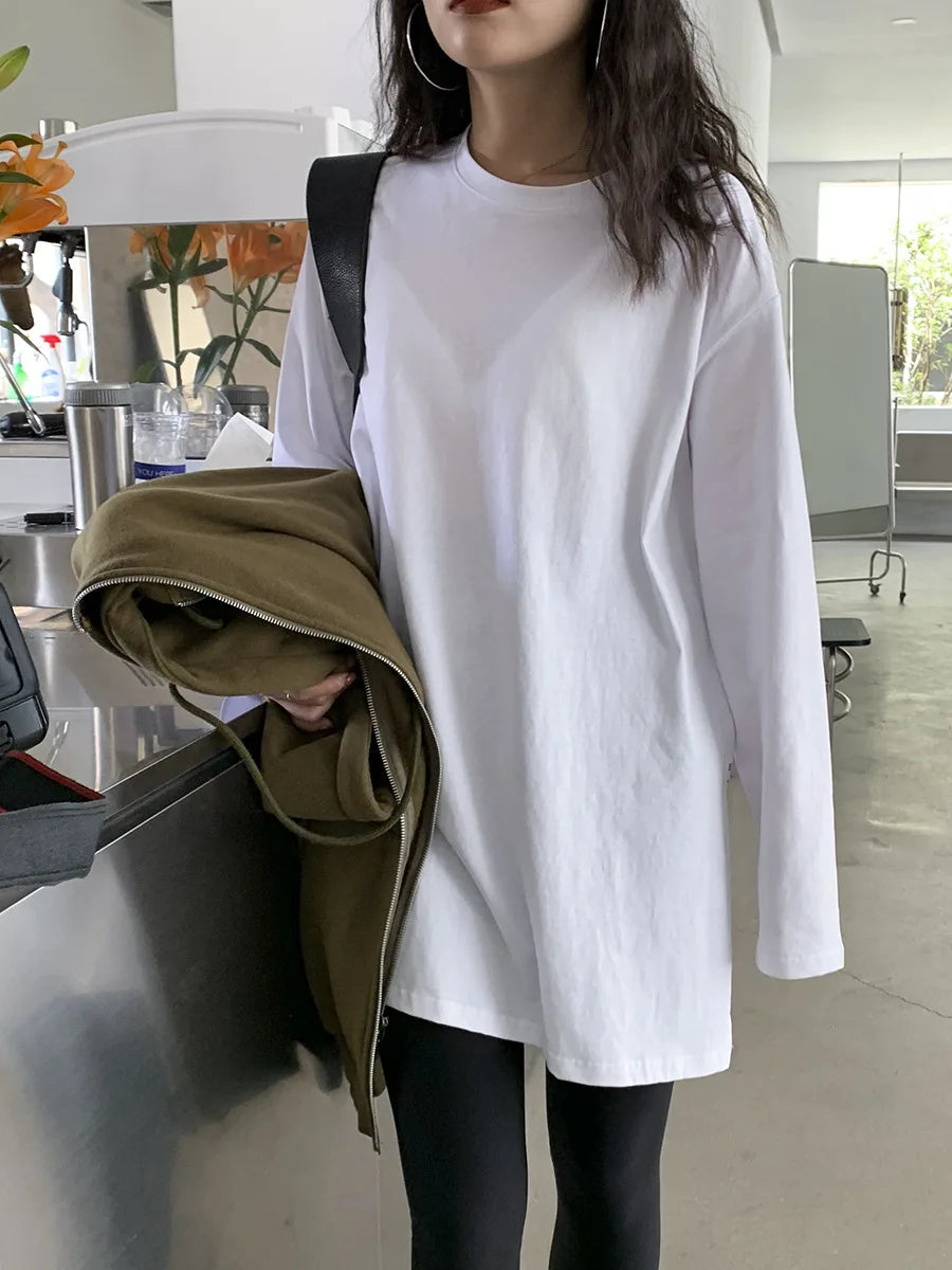 Women's Solid Color Split Long-Sleeved T-Shirt 2024 Korean Spring And Autumn New Ladies Casual Loose Tops Bottoming White Shirts