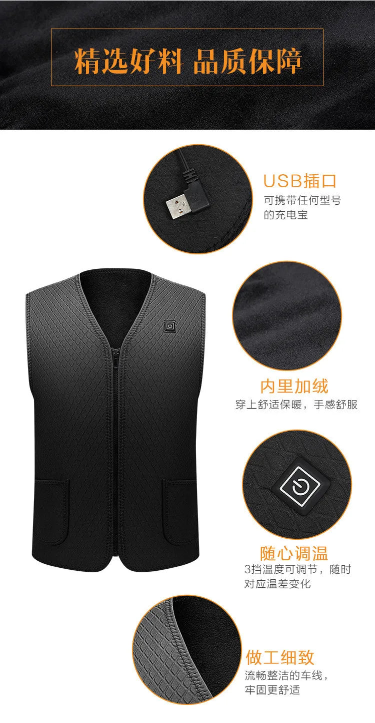 Men Heated Vest Sleeveless V Neck Winter USB Heating Vest Coat Unsiex Three Gear Adjustment Zipper Closure Padded Waistcoat