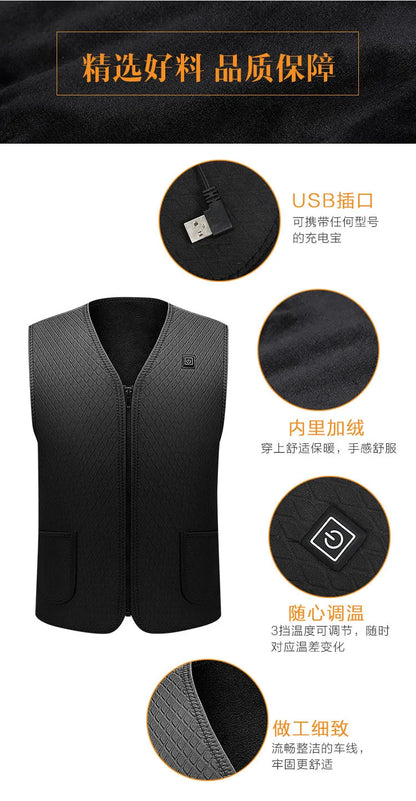 Men Heated Vest Sleeveless V Neck Winter USB Heating Vest Coat Unsiex Three Gear Adjustment Zipper Closure Padded Waistcoat