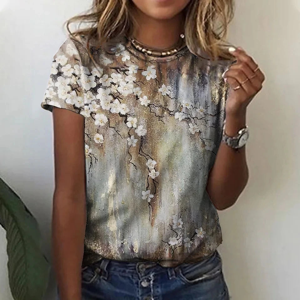 2023 Women's T-shirts Fashion Floral Theme T Shirt Floral Plants Tees Summer Clothing Basic Female Tops Print Oversized Pullover