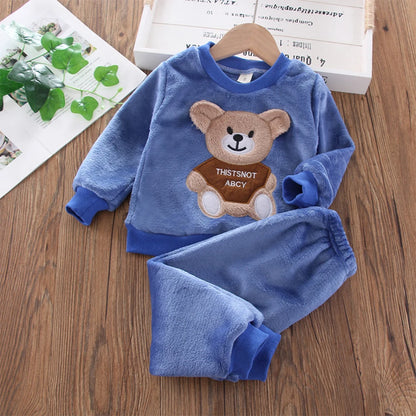 Bear Leader Girls Sets Winter Flannel Homewear Set Long-sleeved Bear Patch Cloth Hoodie Pants Autumn and Winter Warm Boy 2pc Set