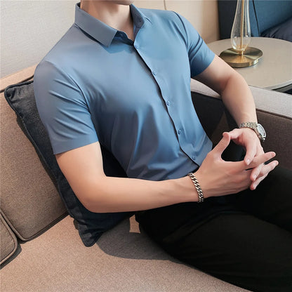 6colors High Quality New Solid High Elasticity Seamless Short Sleeve Shirts Men Slim Social Casual Business Formal Dress Shirt