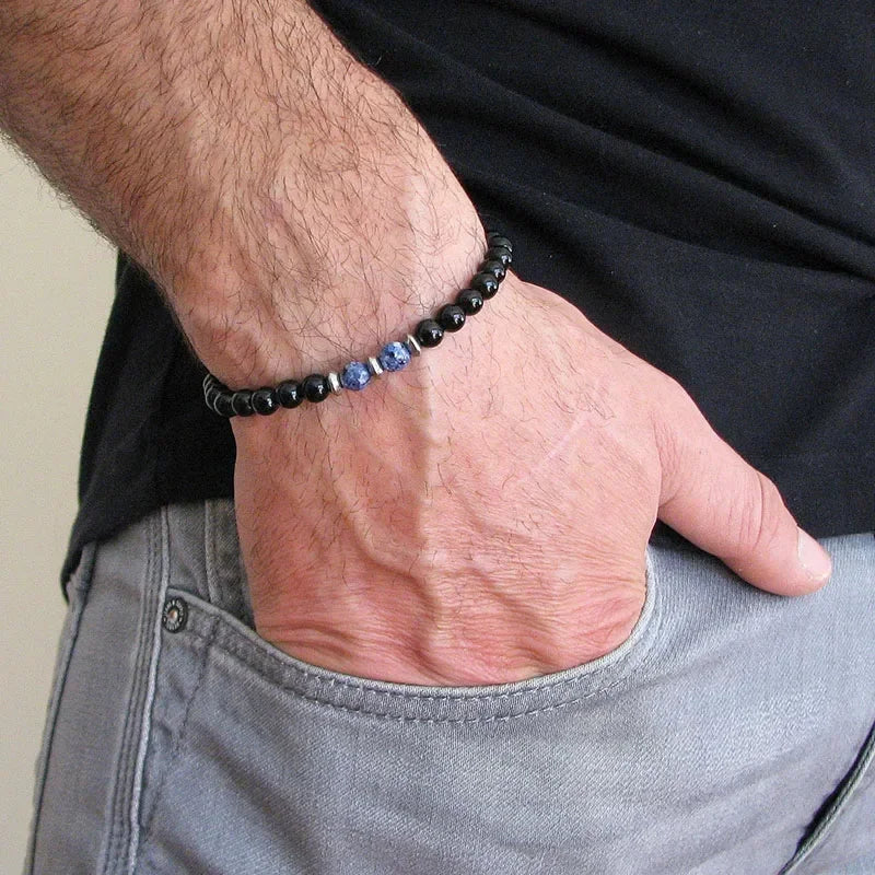 Men's Black Onyx Round Bead & Arrow Stone Bead Yoga Bracelet