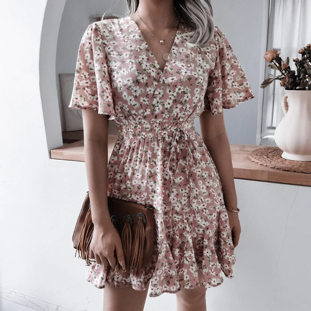 Summer 2024 new style women floral dress bubble sleeve French retro V-neck high-end chic design A-line skirt girls short dress