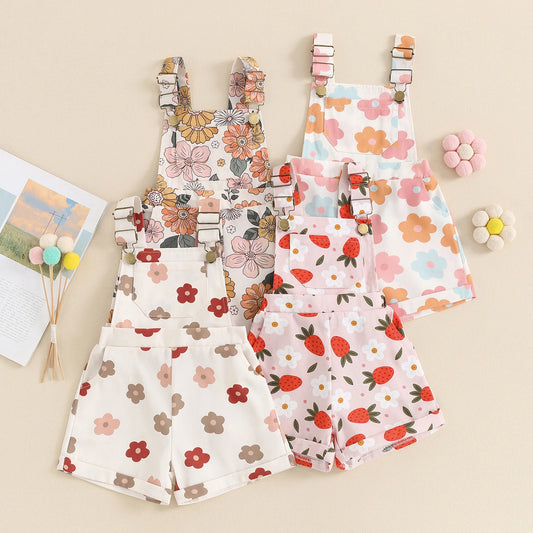 FOCUSNORM 4 Colors Lovely Kids Girls Overalls Shorts 0-6Y Sleeveless Straps Strawberry/Flower Print Denim Button Pocket Jumpsuit