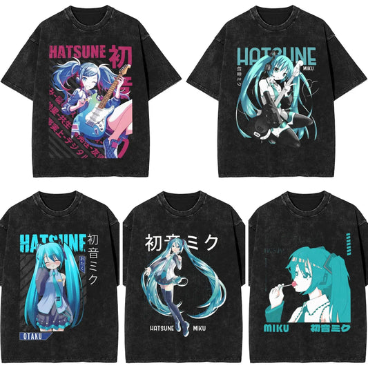 Man T-Shirt Vocaloid Hatsune Miku Washed T Shirts Novelty Summer Tee Shirt Street Style Print Cotton Clothes New Arrival