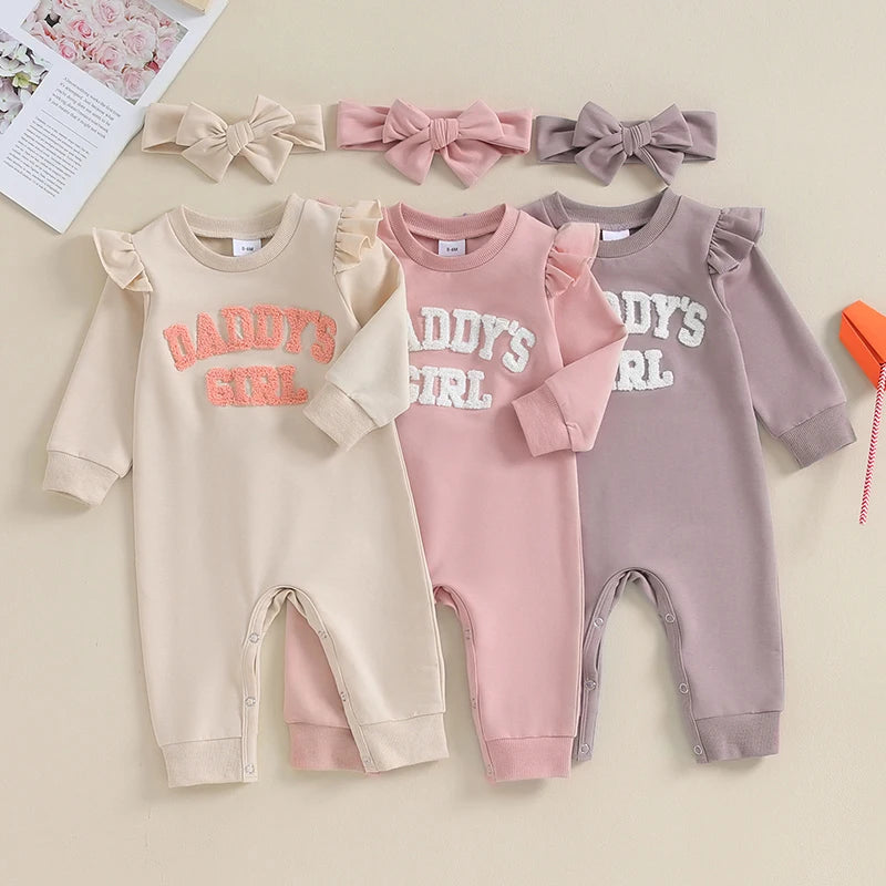 Spring Autumn Newborn Baby Girls Rompers Clothes Letter Embroidered Crew Neck Long Sleeve Jumpsuits Headband Long Pants Overalls